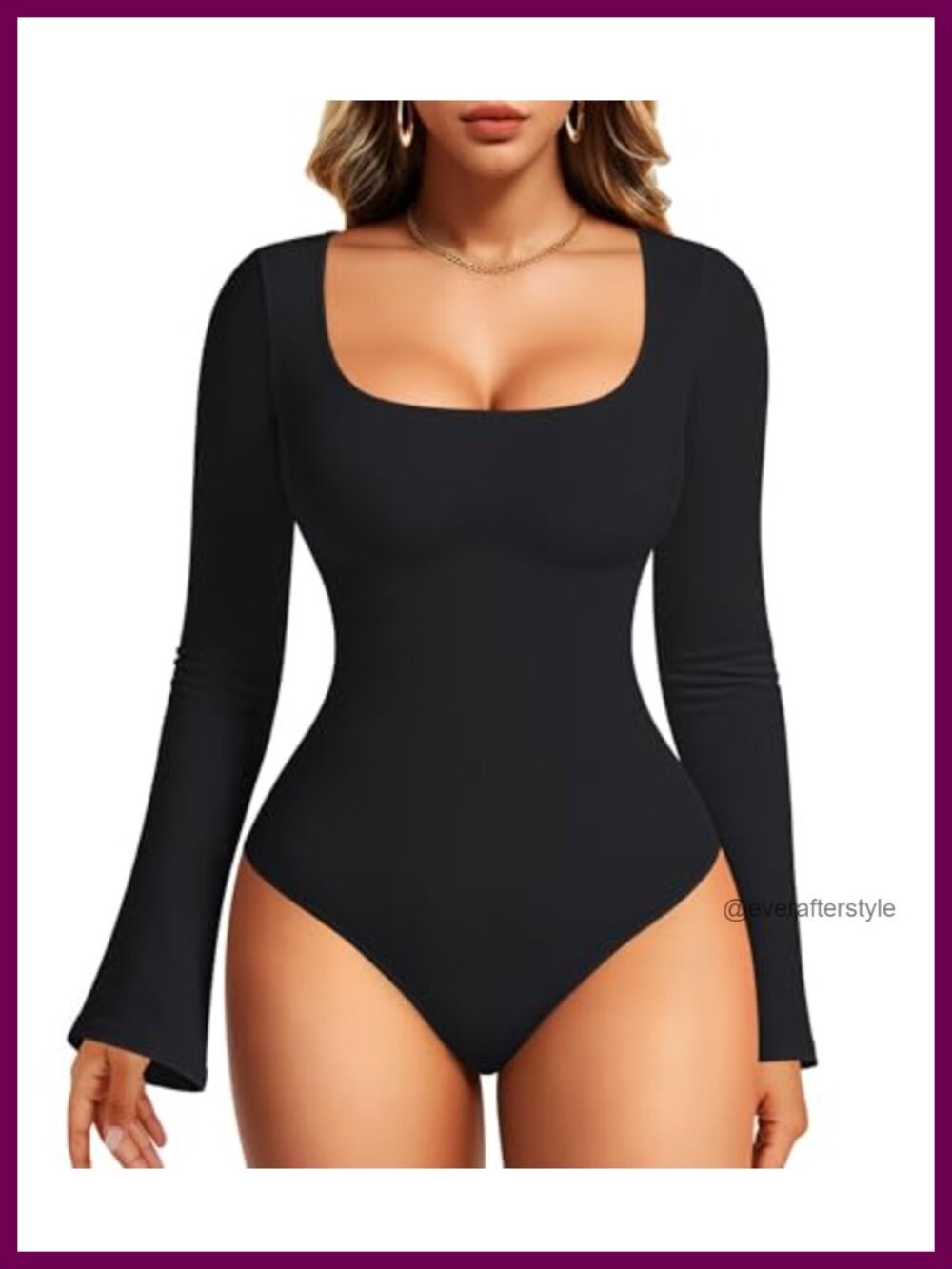 Long Sleeve Bodysuit Tummy Control Shapewear Square Neck Thong Body Suit